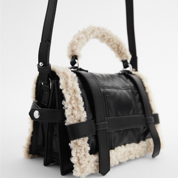 Zara Sherpa Fleece Leather Crossbody Sactchel with Faux Shearling - Picture 4 of 14